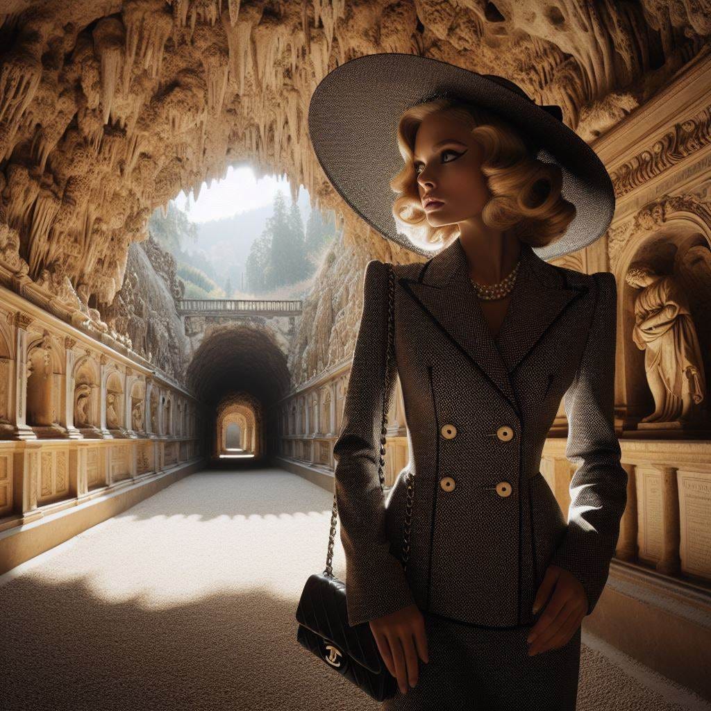 show me a narrow shot of an elegant curvacious blonde female Professor dressed in a Chanel suit in silhouette on sabbatical researching a Renaissance grotto in the style of the grotta grande in the boboli gardens 