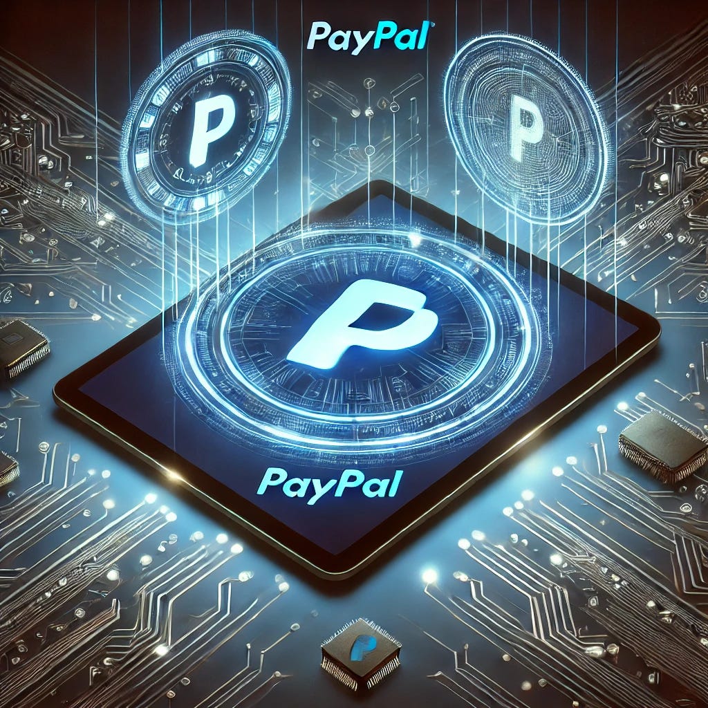 An abstract digital illustration symbolizing the innovation and financial technology of PayPal. The image includes glowing digital currency symbols, a sleek futuristic tablet displaying the PayPal logo, and circuit board patterns seamlessly integrated into the background. The setting exudes a sense of modernity and innovation with a professional tech atmosphere.