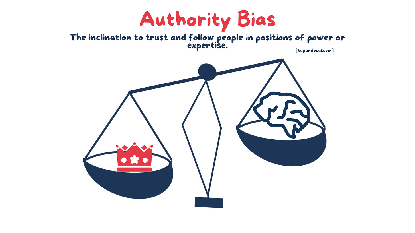 A graphic or image explaining authority bias by Tapan Desai