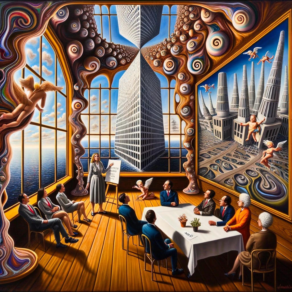 Dali-inspired oil painting where Sarah stands in a distorted room with melting walls. She presents her business plan to a table where Atomico representatives sit, but their reflections in the polished floor show different ages of their lives. The window reveals a scene of her journey: an early-stage social network floating on a sea, and the tall Google’s East London Campus balancing on a single point. Sophia Bentz, with multiple arms, mentors young individuals, and cherubs with long, snail-like antennae hover with an 'ANGEL' banner.