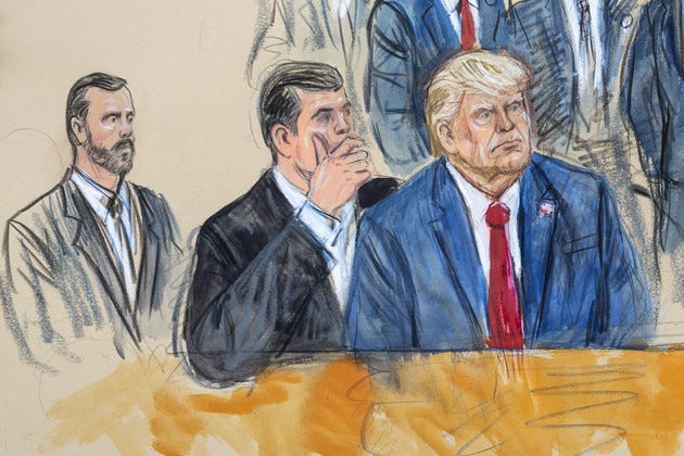 This artist sketch depicts former President Donald Trump, right, conferring with defense lawyer Todd Blanche.