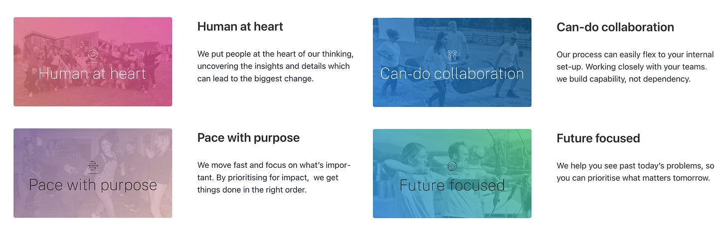 Boxes representing four values: Human at Heart; Pace with Purpose; Can-do Collaboration and Future Focus