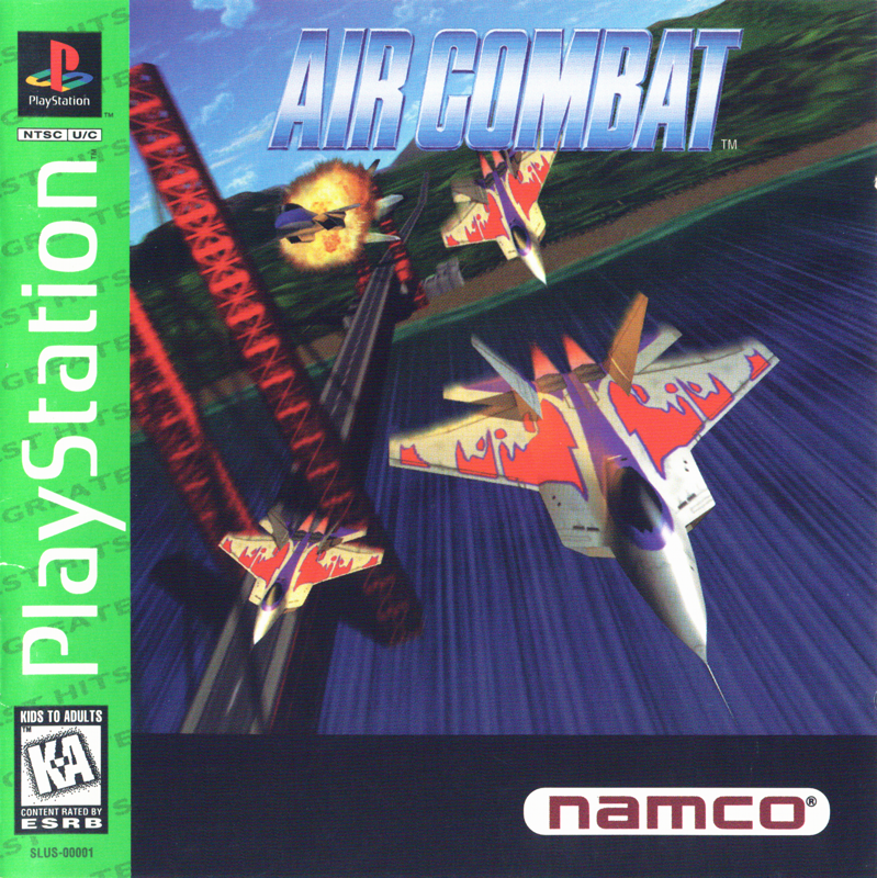 A screenshot of Air Combat's North American box art for the Playstation, featuring a number of the game's aircraft painted in the colors your pilot uses once they've purchased said craft.