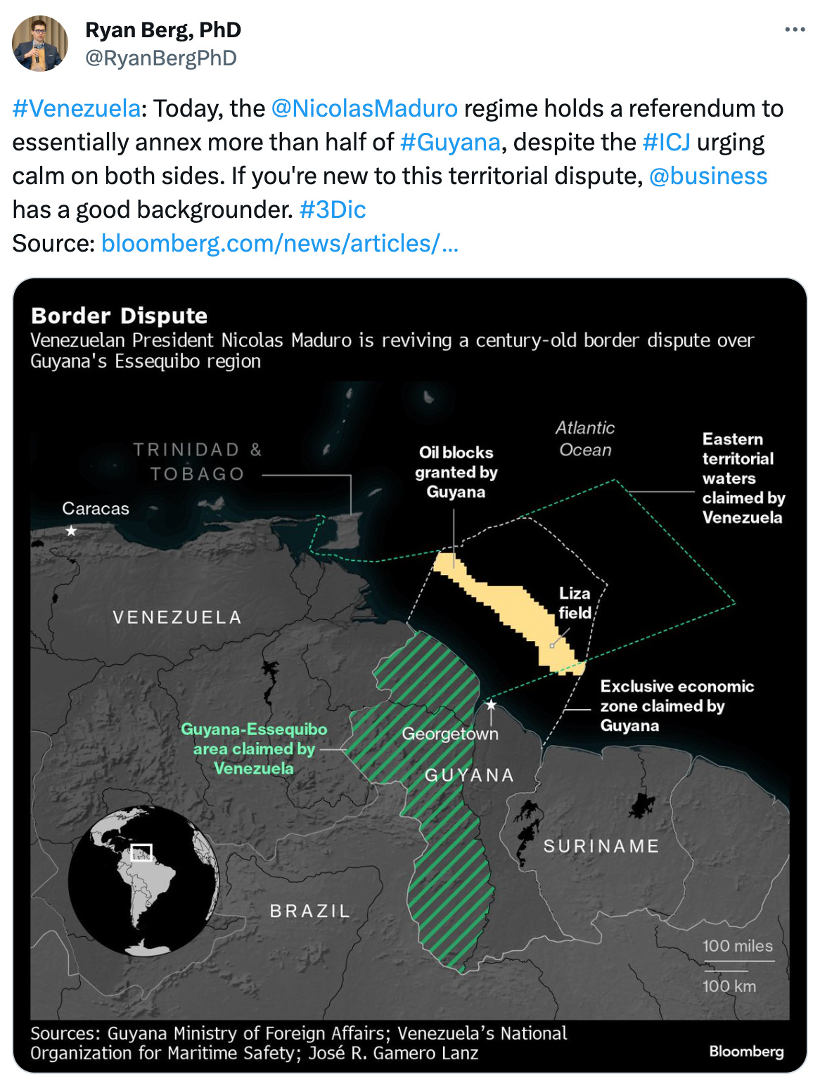  See new posts Conversation Ryan Berg, PhD @RyanBergPhD #Venezuela: Today, the  @NicolasMaduro  regime holds a referendum to essentially annex more than half of #Guyana, despite the #ICJ urging calm on both sides. If you're new to this territorial dispute,  @business  has a good backgrounder. #3Dic  Source: https://bloomberg.com/news/articles/2023-12-02/venezuela-stirs-nationalism-in-dispute-over-oil-rich-territory