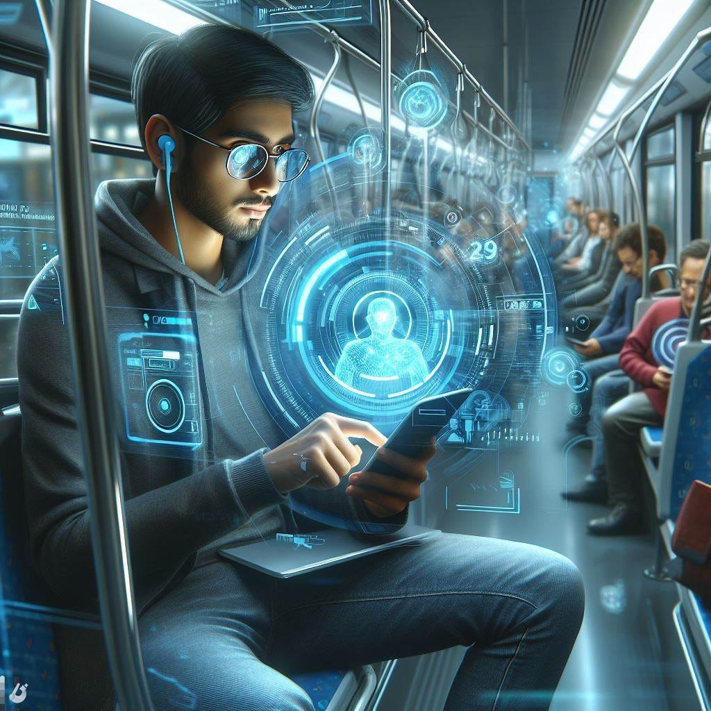 person using social media in a bus, futuristic, realistic