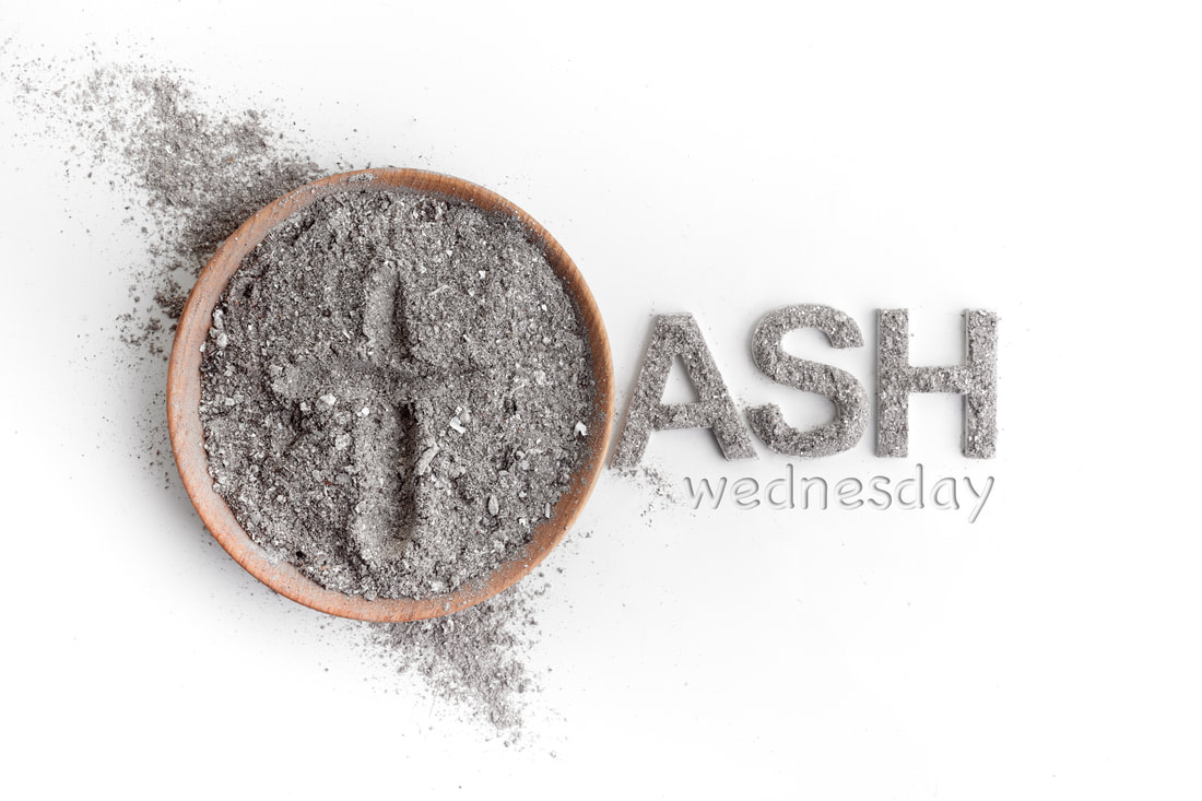 a bowl of ashed with the words Ash Wednesday