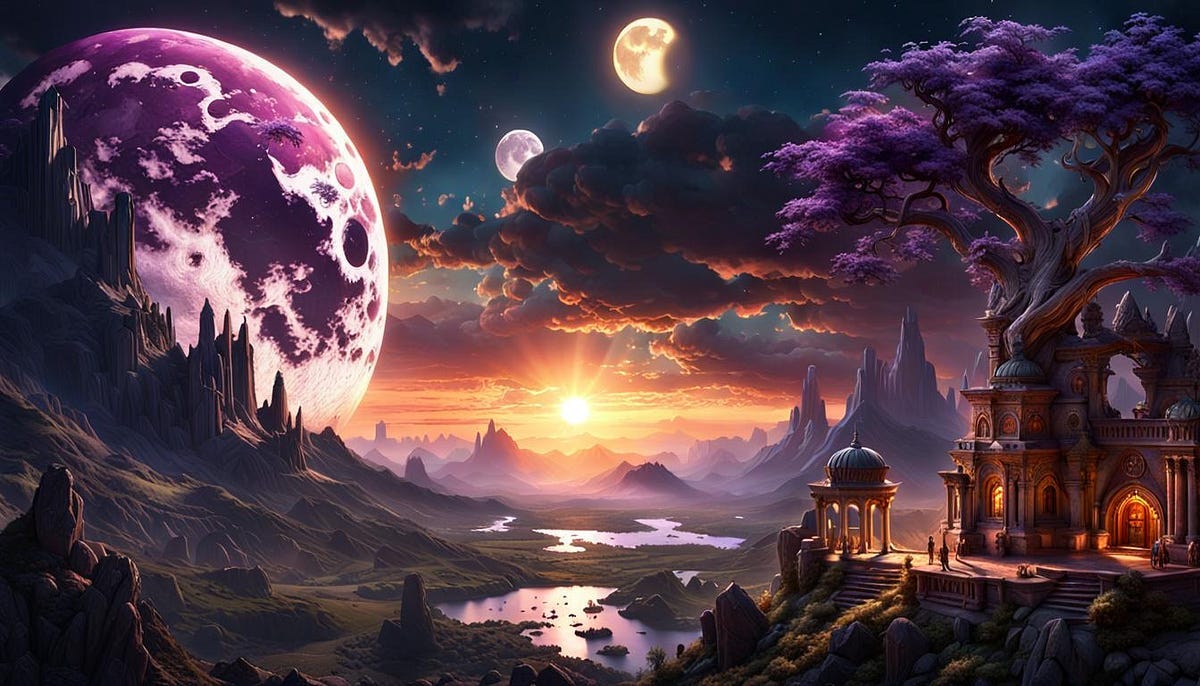 Fantasy world with sun and moons together