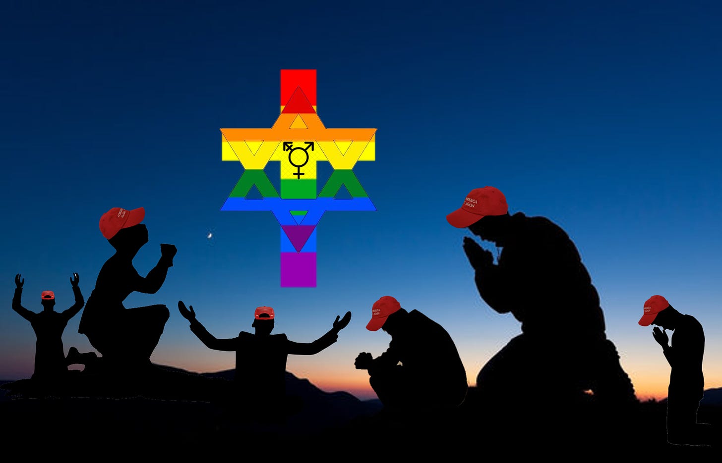 Image of people kneeling and praying to an image in the sky. The image consists of a rainbow cross, a rainbow Star of David, and the LGBTQ symbol.
