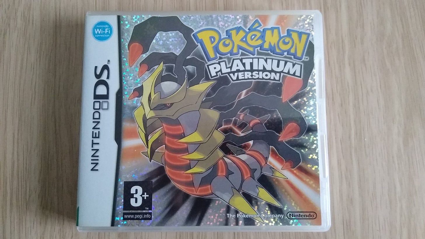 My personal copy of Pokémon Platinum, featuring the legendary Pokémon Giratina (Origin Forme)