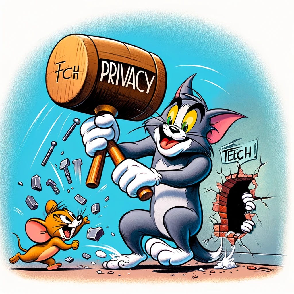 A digital cartoon depicting a cat resembling Tom from 'Tom & Jerry', trying to smash a mouse resembling Jerry with a hammer. The hammer has the word 'PRIVACY' written on it. The mouse is escaping through a hole in the wall, with the word 'TECH' written above the hole. The scene should capture the classic chase dynamic of Tom and Jerry, with a humorous twist involving the themes of privacy and technology. The cartoon should be colorful and lively, reflecting the playful nature of the original Tom and Jerry cartoons.