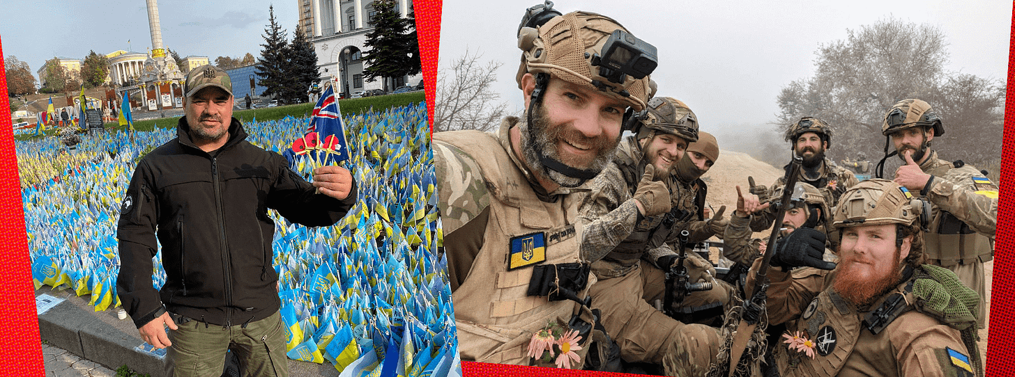 Left: Owen Pomana holds poppies in Kyiv’s Independence Square. Right: Jordan O’Brien with 131st Separate Recon Battalion after the liberation of Kherson. (Photos supplied, additional design by The Spinoff) 
