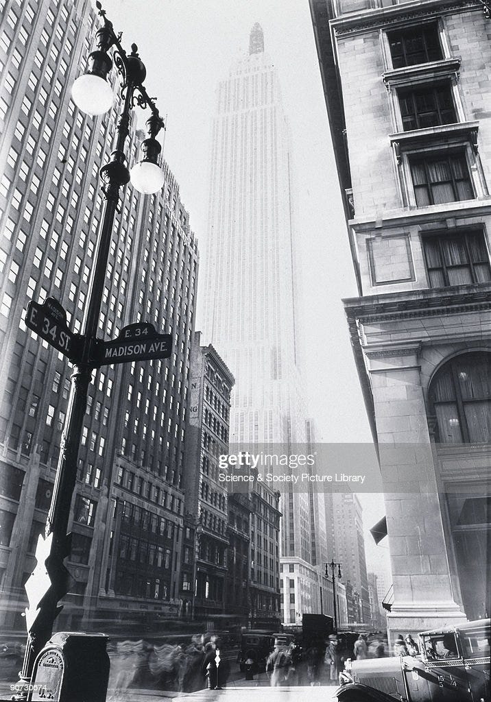 Empire State Building from Madison Avenue, New York, 1932.