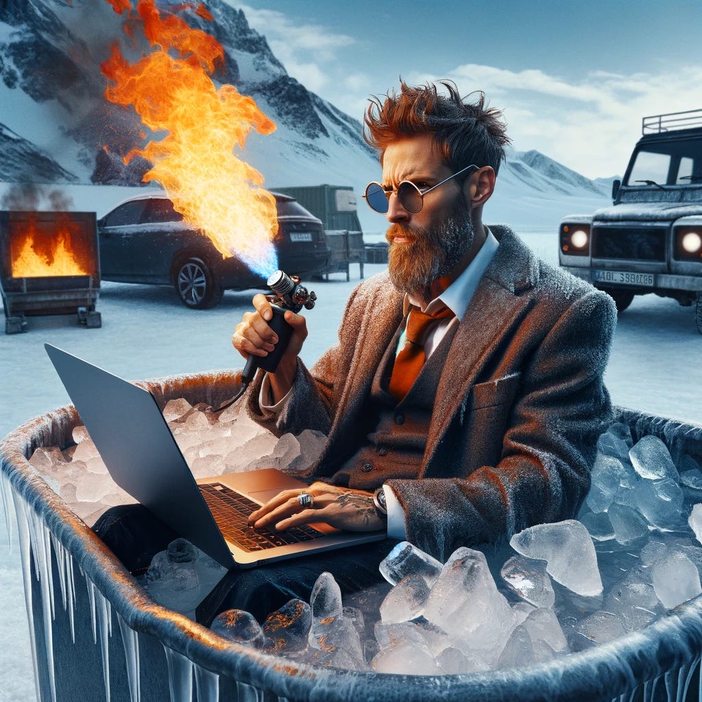 An eccentric alpha male is depicted working on a laptop with intense focus and determination. He is comfortably seated inside a large, rugged ice bath, showing no signs of discomfort from the cold. His expression is one of sheer concentration and confidence, showcasing his ability to multitask under extreme conditions. In one hand, he holds a flamethrower, which is actively shooting flames into the air, symbolizing his power and control over both fire and ice. The scene is set in an open, outdoor environment, with snow-capped mountains in the background, emphasizing the contrast between the fire's warmth and the surrounding cold. The man is dressed in a casual yet stylish outfit, unaffected by the icy water, further highlighting his eccentric and alpha personality.