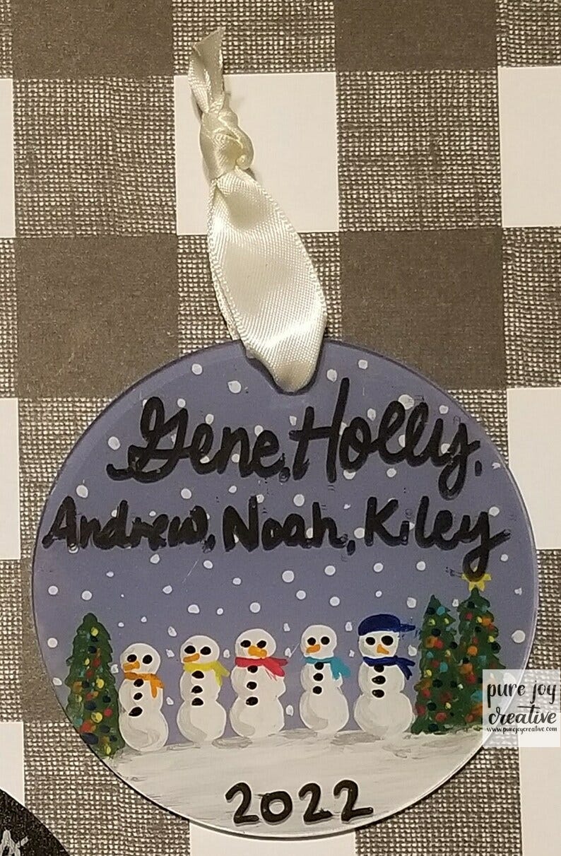 Custom Acrylic snowman family ornaments, hand painted, large family, small family, custom names, custom date image 3