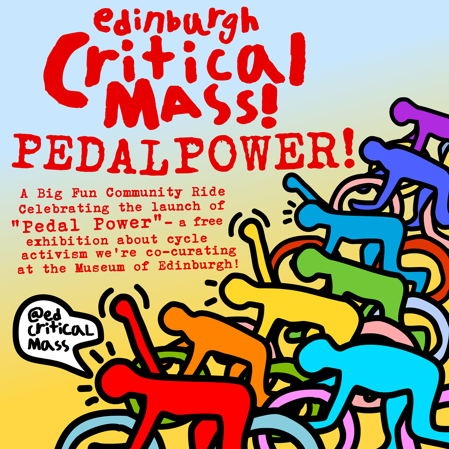 Edinburgh Critical Mass! Pedal Power! A big fun community ride celebrating the launch of “Pedal Power” - a free exhibition about cycle activism we’re co-curating at the Museum of Edinburgh. @edcriticalmass