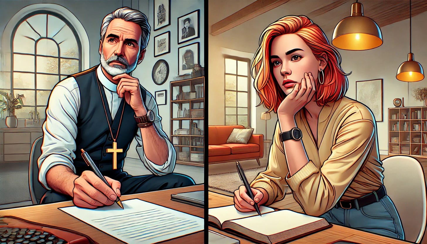 A photo-realistic, comic-style image with two panels: In the first panel, a modern reverend in his early 60s, dressed casually yet with a clerical collar, sits in a contemporary home office. He gazes thoughtfully at a blank sheet of paper, pen in hand, as he contemplates writing a letter. The setting features a clean desk, a laptop, and shelves with books and personal touches. In the second panel, a strawberry blonde woman in her early 40s sits in a cozy living room with modern decor, holding a pen and looking at a blank page. She appears reflective, surrounded by warm lighting and subtle decorative elements like plants and framed photos. Both panels connect thematically through their contemplative expressions and modern, relatable settings.