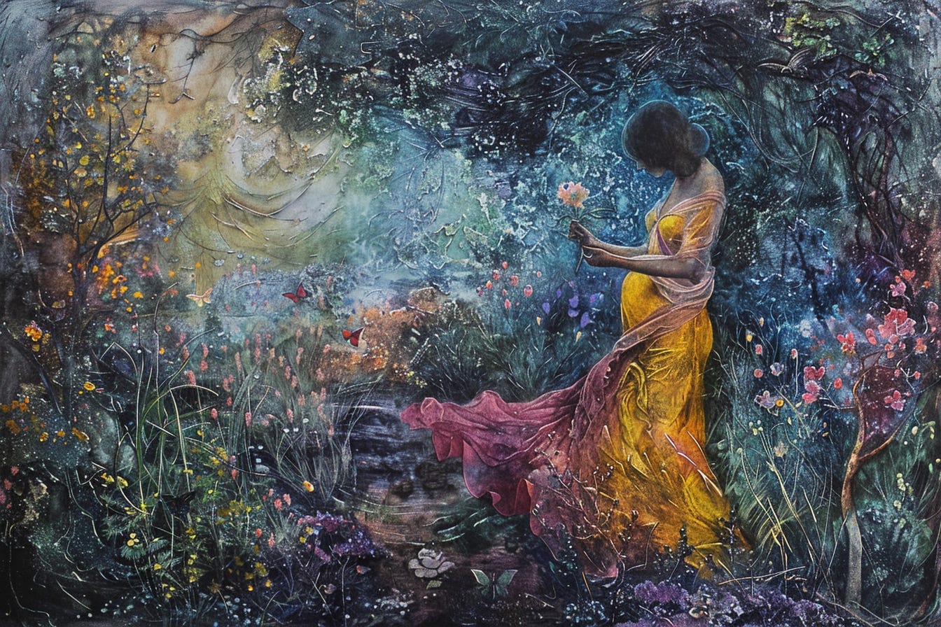A colorful oil painting showing a dark haired pregnant woman in a flowing yellow gown, meant to symbolize Persephone, the Ancient Greek goddess of Spring. 