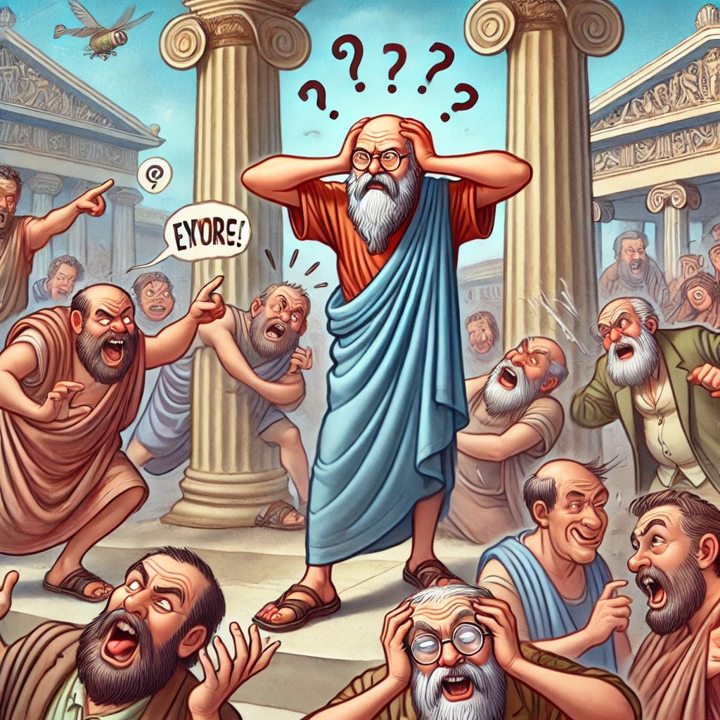 A comically exaggerated scene of Socrates in ancient Athens, being even more annoying and relentless in his philosophical questioning. He is energetically following people around the marketplace, cornering them with endless questions. Some citizens are covering their ears, rolling their eyes, or dramatically fleeing in exasperation. One man throws his hands up in defeat, while another slams his head against a column. Socrates, with a smug and amused expression, continues his relentless questioning. The background features classical Greek architecture, adding to the historical setting.