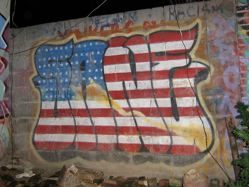 SANE graffiti on a crumbling wall in the form of an American flag