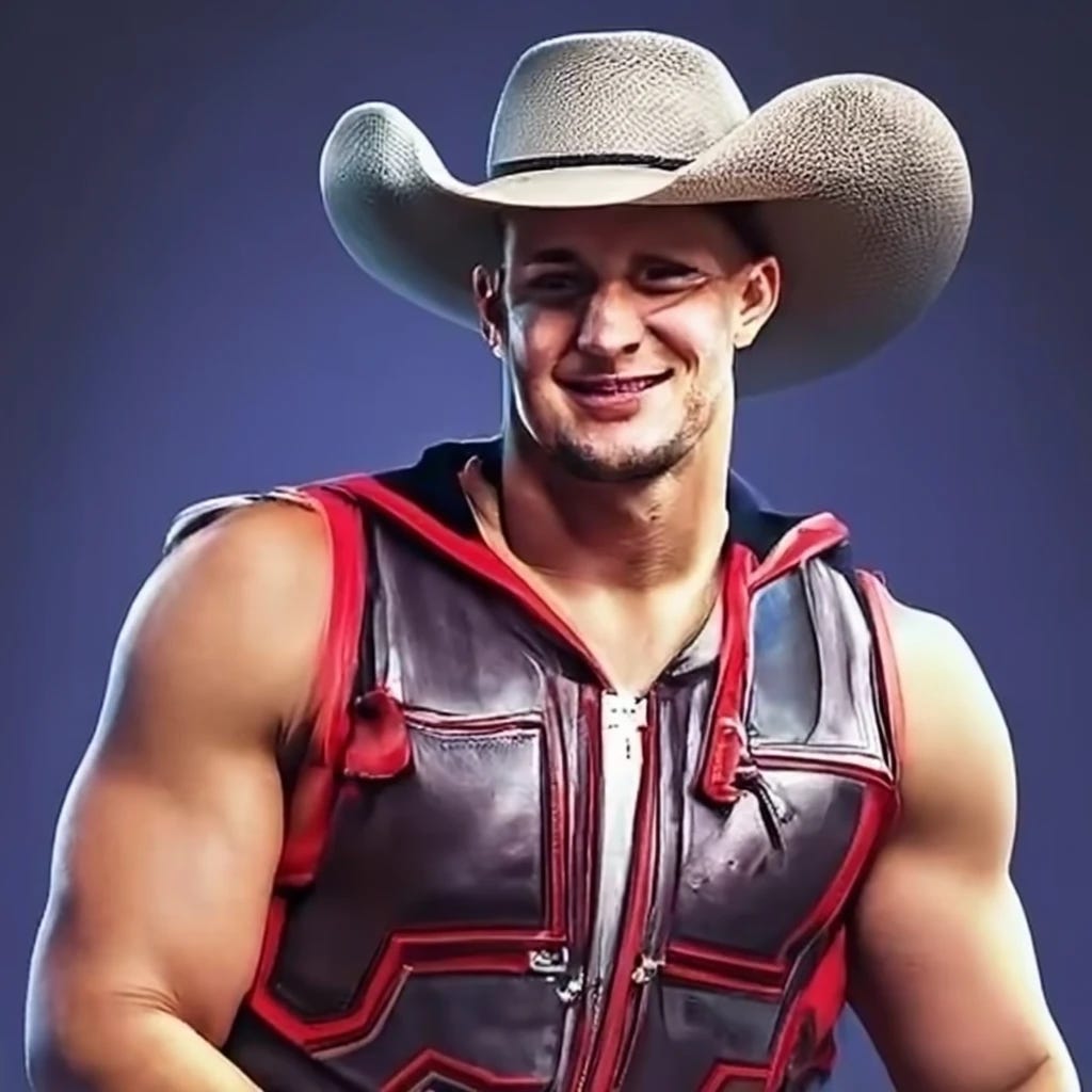 rob gronkowski looking dumb and wearing cowboy hat and sleeveless leather vest