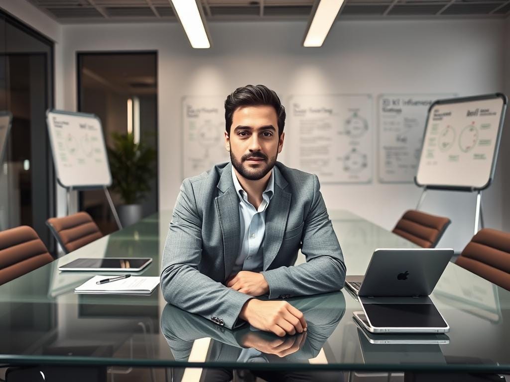 A businessman sits at a conference table in a modern office