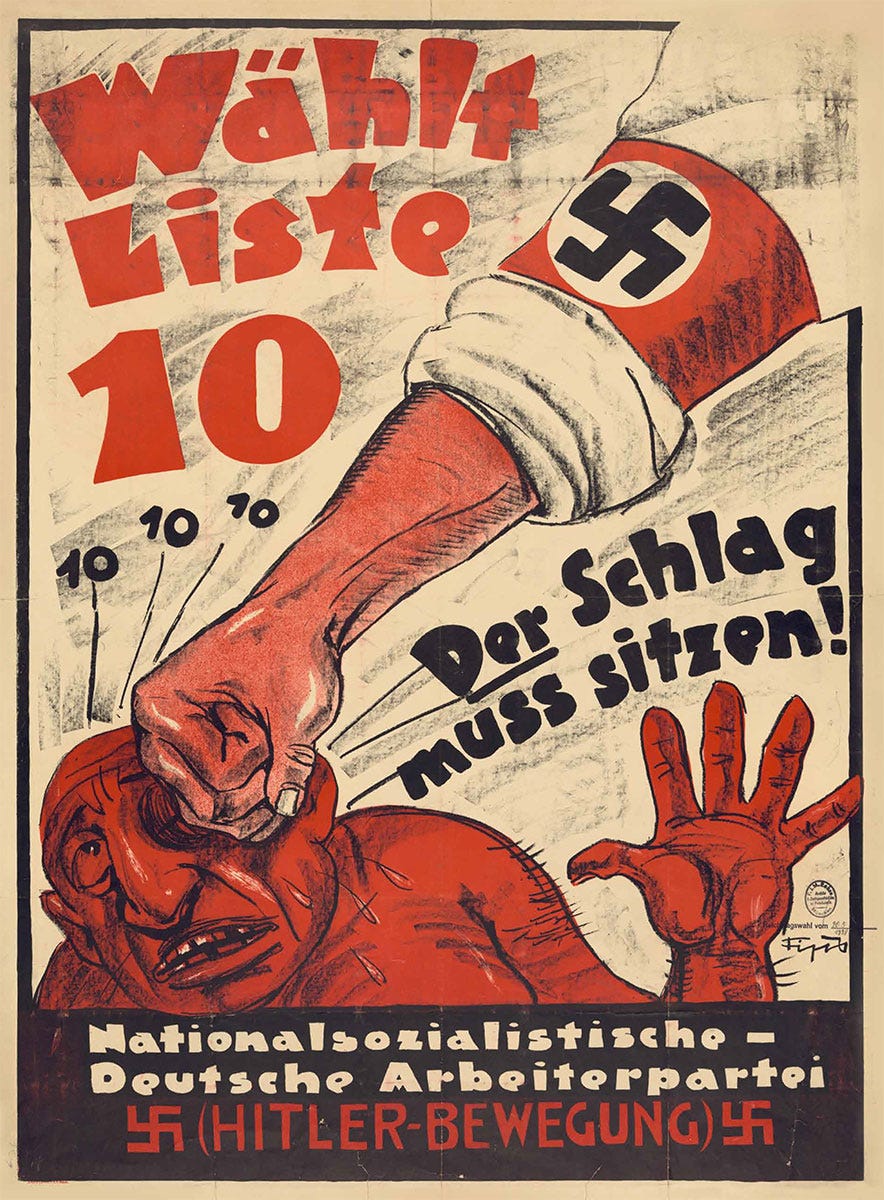 An illustration of an arm, wearing a swastika, band punching a caricature of a Jewish man in the face. The man is sweating and has a large nose, a hateful stereotype.