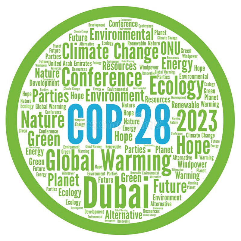 Circle with "COP 28" in the middle - large and in blue. Are it inside the circle are smaller green words like "climate change, nature, green, Dubai, 2023"