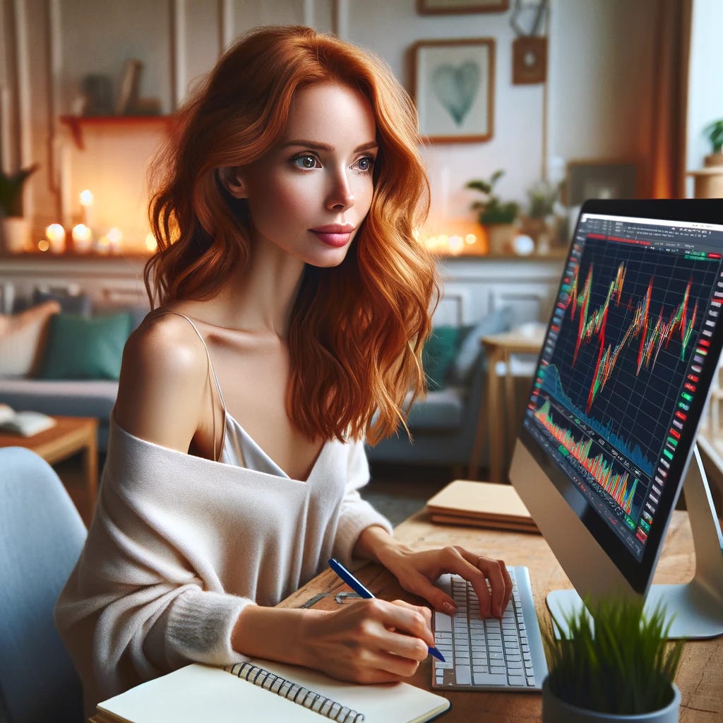 A beautiful ginger-haired woman is sitting in a cozy, well-lit home office. She is intently looking at her computer screen, which displays colorful charts and graphs of stock market trends. The woman has a focused expression, suggesting she is deeply analyzing the data to make informed decisions ahead of earnings. She has her notebook and pen beside her, taking notes. The room is decorated with tasteful, minimalistic furniture and a few green plants, creating a serene and productive atmosphere. The scene embodies a perfect blend of modern professionalism and personal dedication to financial growth.