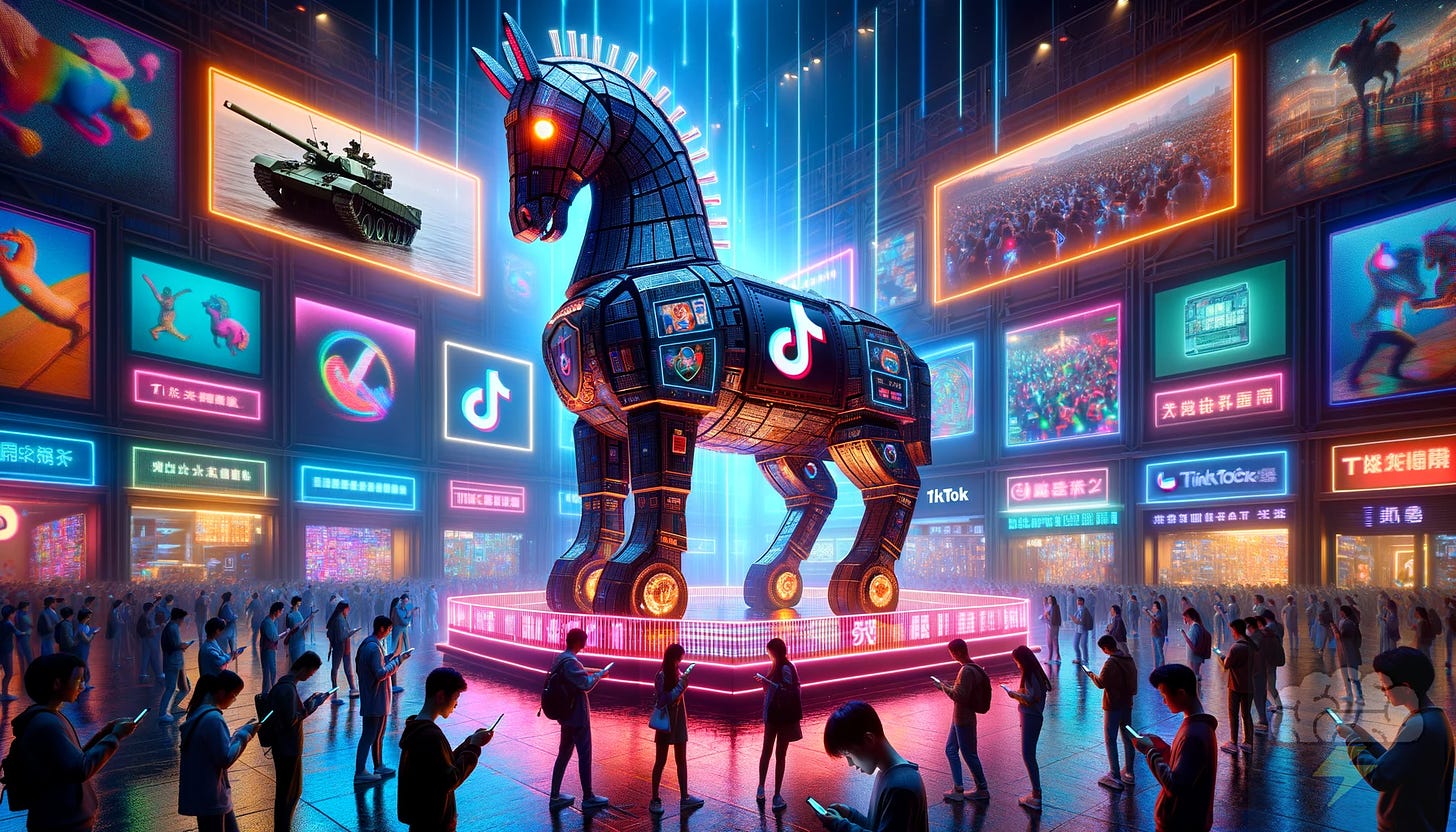 A digital illustration in a cyberpunk style depicting a vibrant, large Trojan Horse adorned with TikTok's logo in a public square. The scene is set against a backdrop of neon lights and holograms, creating a digital atmosphere. Surrounding the horse are people engrossed in their smartphones, seemingly unaware of the horse's presence. Intriguingly, the horse casts a complex shadow that forms a mosaic of censored topics, including a tank and an umbrella, symbolizing hidden agendas in social media and information warfare. The mood is a blend of fascination and subtle menace, inviting viewers to look beyond the surface allure of social media.