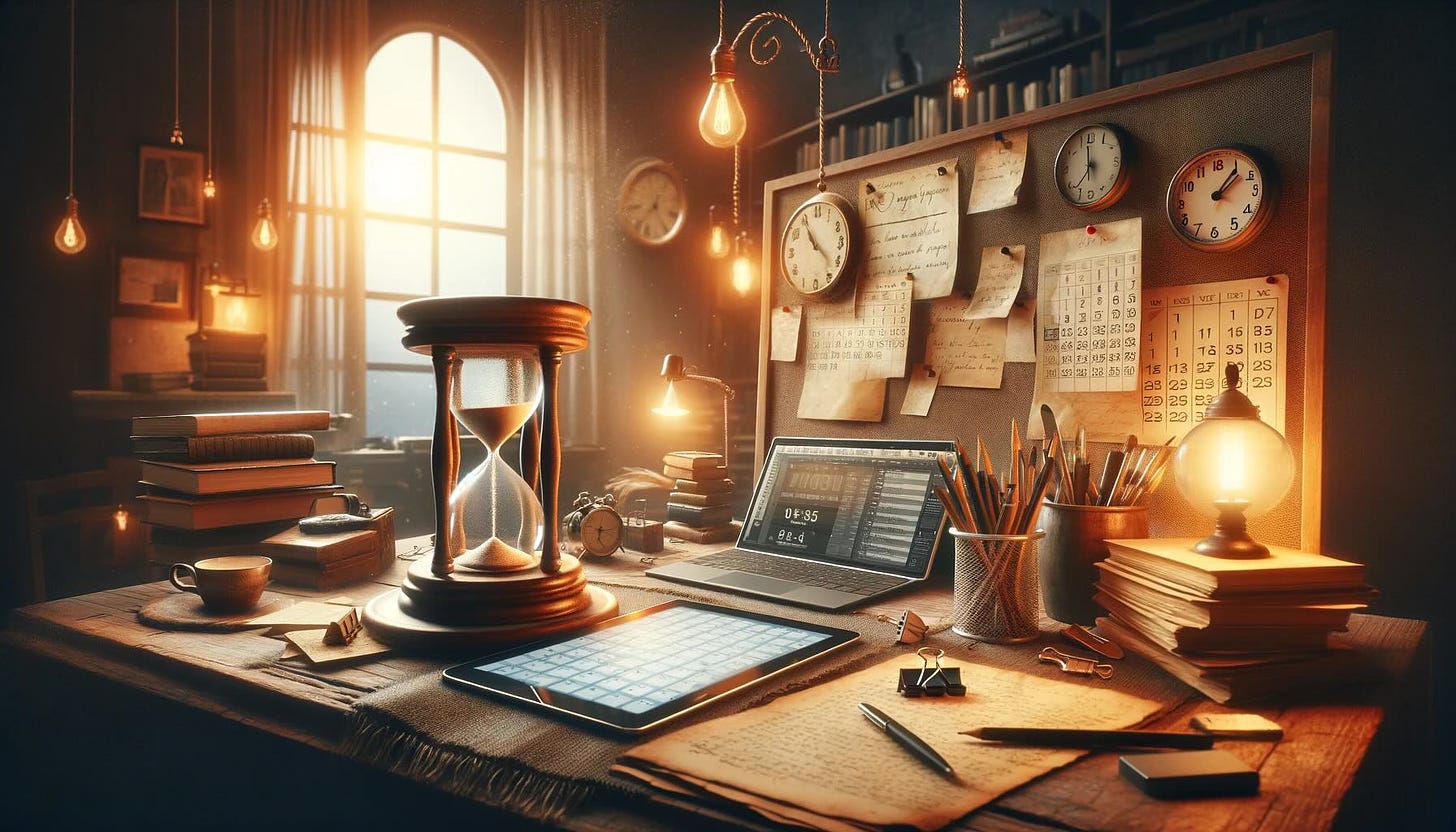 The image represents the concept of time management within the creative writing process. It aims to illustrate the balance between creativity and organisation in the writer's journey.
