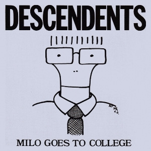 A grey album cover has the band name "Descendents" in large, bold, capital letters across the top. Across the bottom, in smaller capital letters, is the title "Milo Goes to College". In the center of the cover is a line drawing caricature of singer Milo Aukerman, illustrated from the shoulders up wearing a collared shirt and tie. His neck is slender and curves out as it heads upward, ending at the rims of a pair of rectangular glasses. The top of his head is not drawn, but his hair is represented by a series of short vertical lines above the glasses. His eyes and nostrils are represented by small black dots, and his mouth by a horizontal line drawn across the neck.