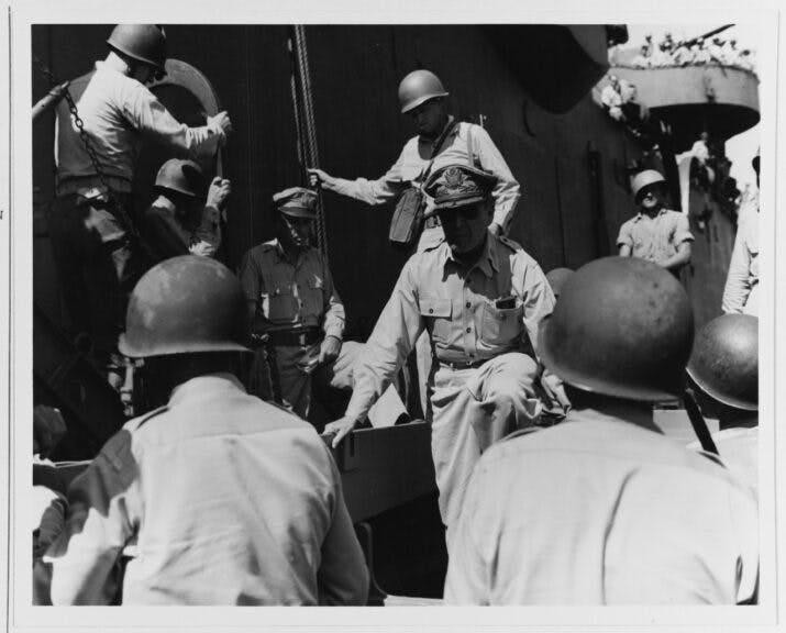 Lingayen Gulf Landings, 1945. General Douglas MacArthur and staff leaving USS BOISE (CL-47) on 9 January 1945 to go ashore on the Lingayen Gulf beaches, Luzon Philippine Islands. Catalog #: 80-G-304340. National Archive. Naval History and Heritage Command