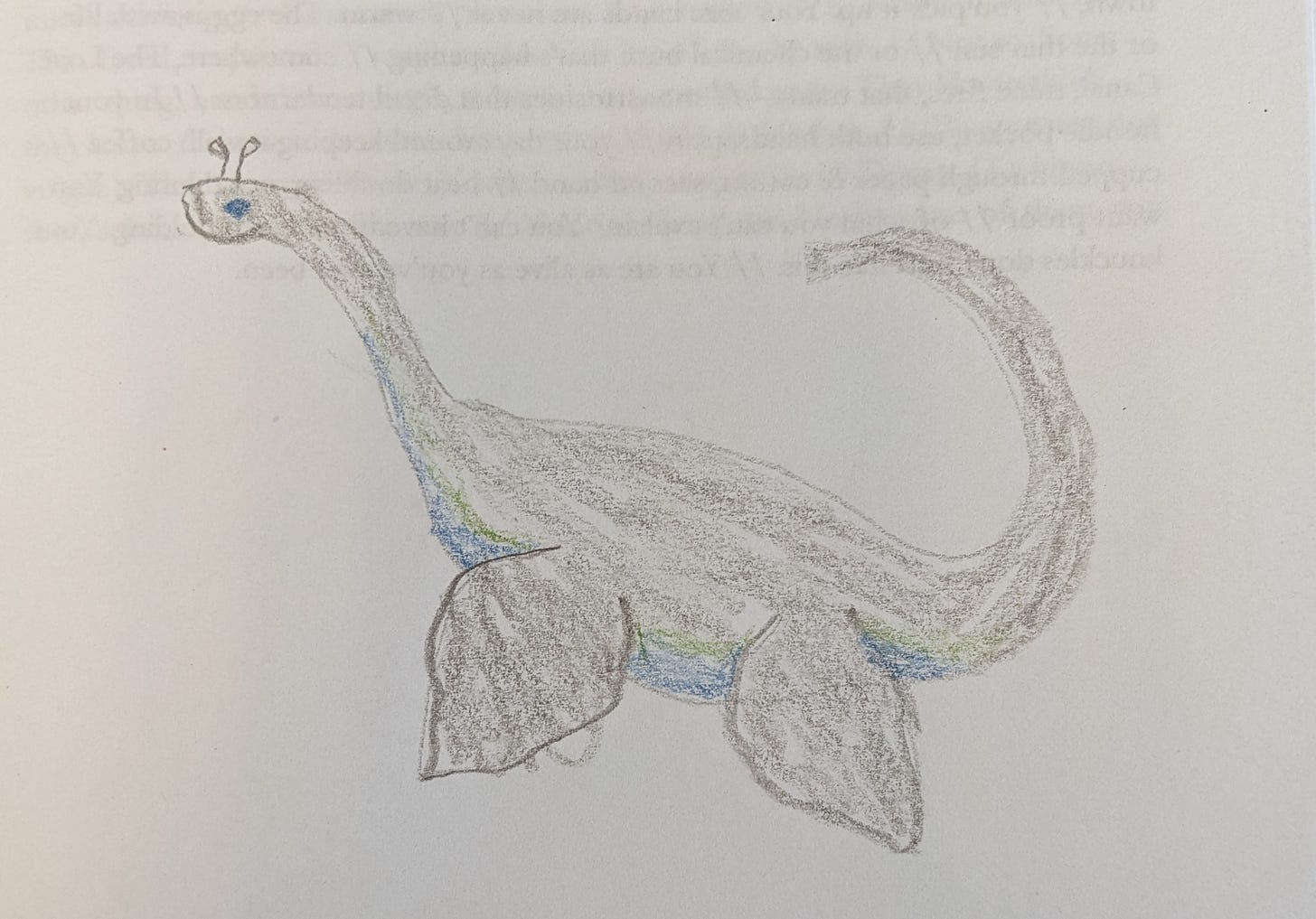 A colored pencil drawing of a plesiosaur-inspired lake monster