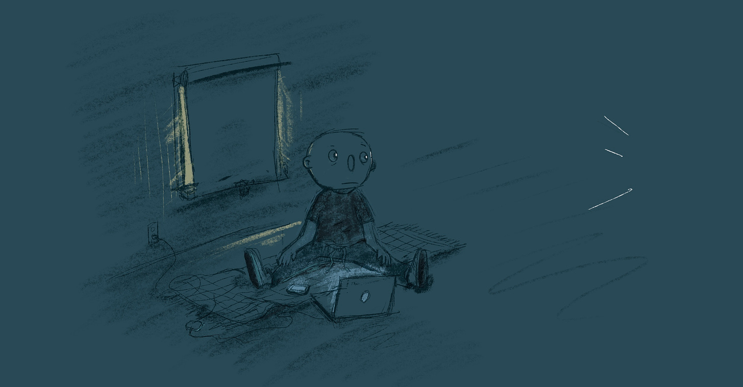 Illustration of a person sitting on the floor. It's dark, the blinds are drawn. Their phone an loptop sit in front of them. Something to the right is catching their attention.