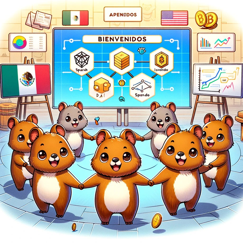 A group of cute brown cartoon quokkas holding hands in a circle, learning Spanish. They should look cheerful and friendly. The setting should include elements that suggest a decentralized autonomous organization (DAO), with a large screen showing DAO-related diagrams and charts. The background should have Spanish phrases like "Bienvenidos" and "Aprender". There should be Mexican and USA flags scattered throughout the setting. The quokkas should have small notebooks and pens, indicating they are taking notes. Add some crypto-related items, like a Bitcoin symbol and blockchain diagrams, to reflect the connection to cryptocurrency.