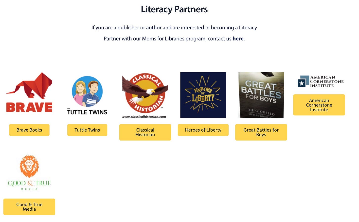 List of literacy partners with Moms For Libraries, including logos for Brave Books, The Tuttle Twins, and more.