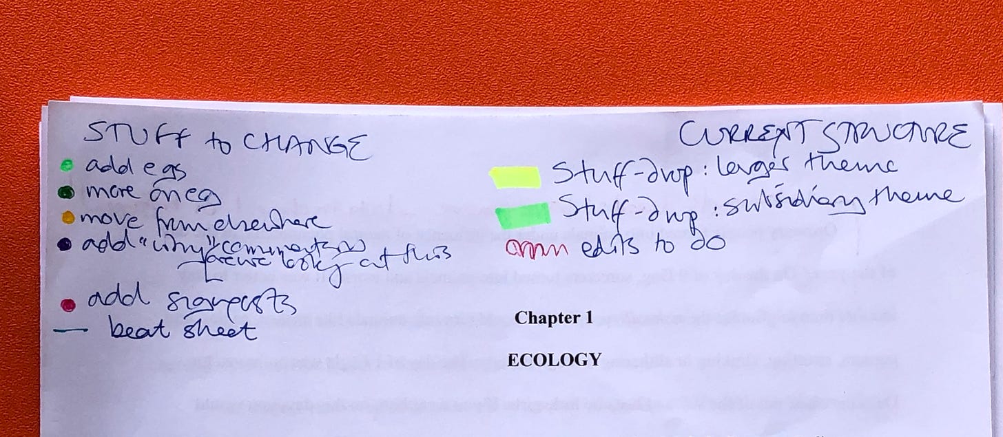 The top of a printed sheet bearing the words “Chapter 1” and “ECOLOGY”. On either side are two hand-scrawled to-do lists, “STUFF TO CHANGE” and “CURRENT STRUCTURE”, with different icons and pen-strokes to denote short-hands for various actions.