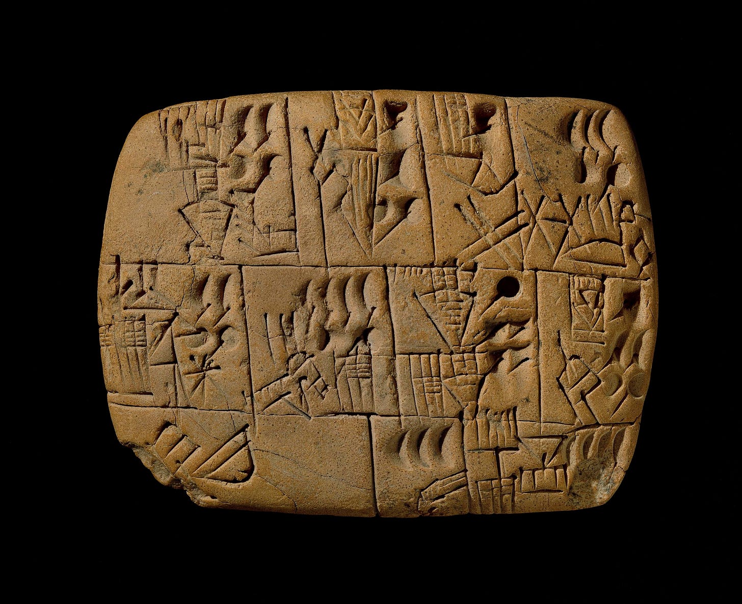 Early writing tablet recording the allocation of beer, 3100–3000 B.C.E, Late Prehistoric period, clay, probably from southern Iraq. (© Trustees of the British Museum) The symbol for beer, an upright jar with pointed base, appears three times on the tablet. Beer was the most popular drink in Mesopotamia and was issued as rations to workers. Alongside the pictographs are five different shaped impressions, representing numerical symbols. Over time these signs became more abstract and wedge-like, or “cuneiform.” The signs are grouped into boxes and, at this early date, are usually read from top to bottom and right to left. One sign, in the bottom row on the left, shows a bowl tipped towards a schematic human head. This is the sign for “to eat.”
