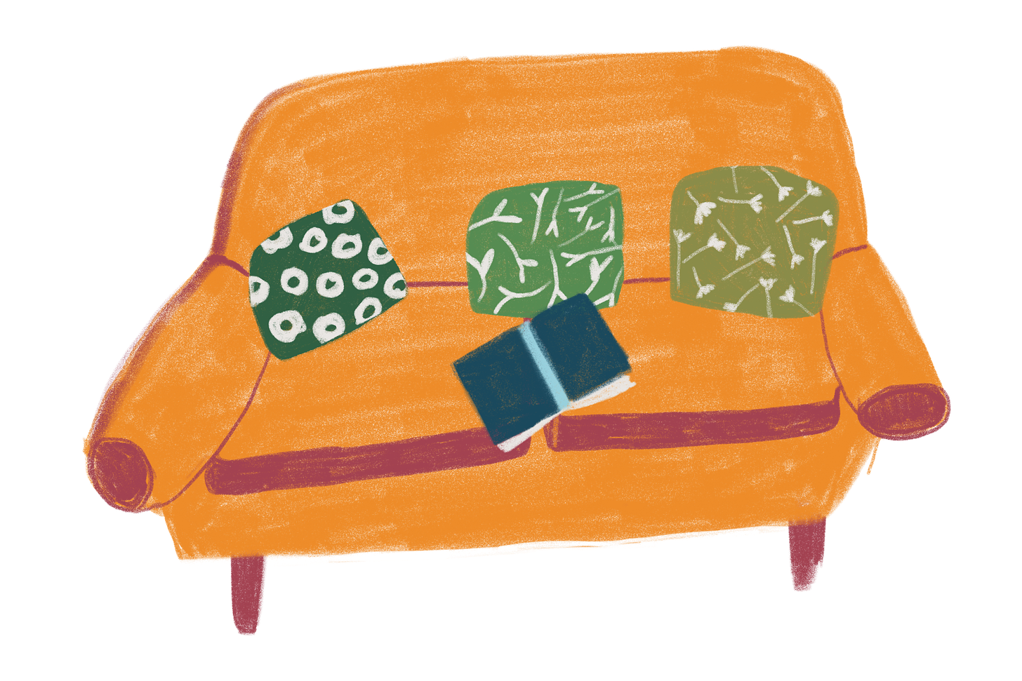 Illustration: Yellow sofa with green cushions and a book