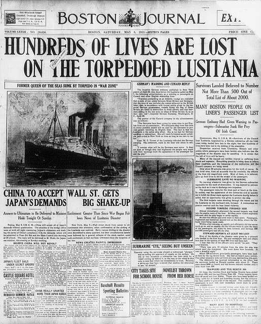 The front page of the Boston Journal on the subject of the Lusitania's sinking. The headline reads "Hundreds of lives are lost on the torpedoed Lusitania."