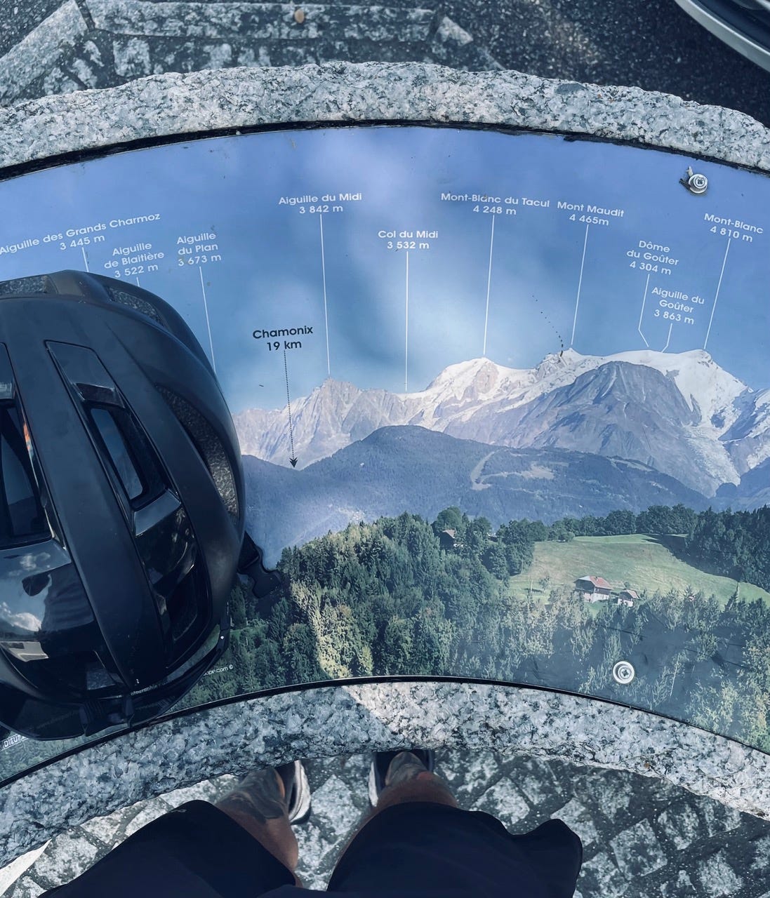 a cycling helmet and an overview map of mont blanc