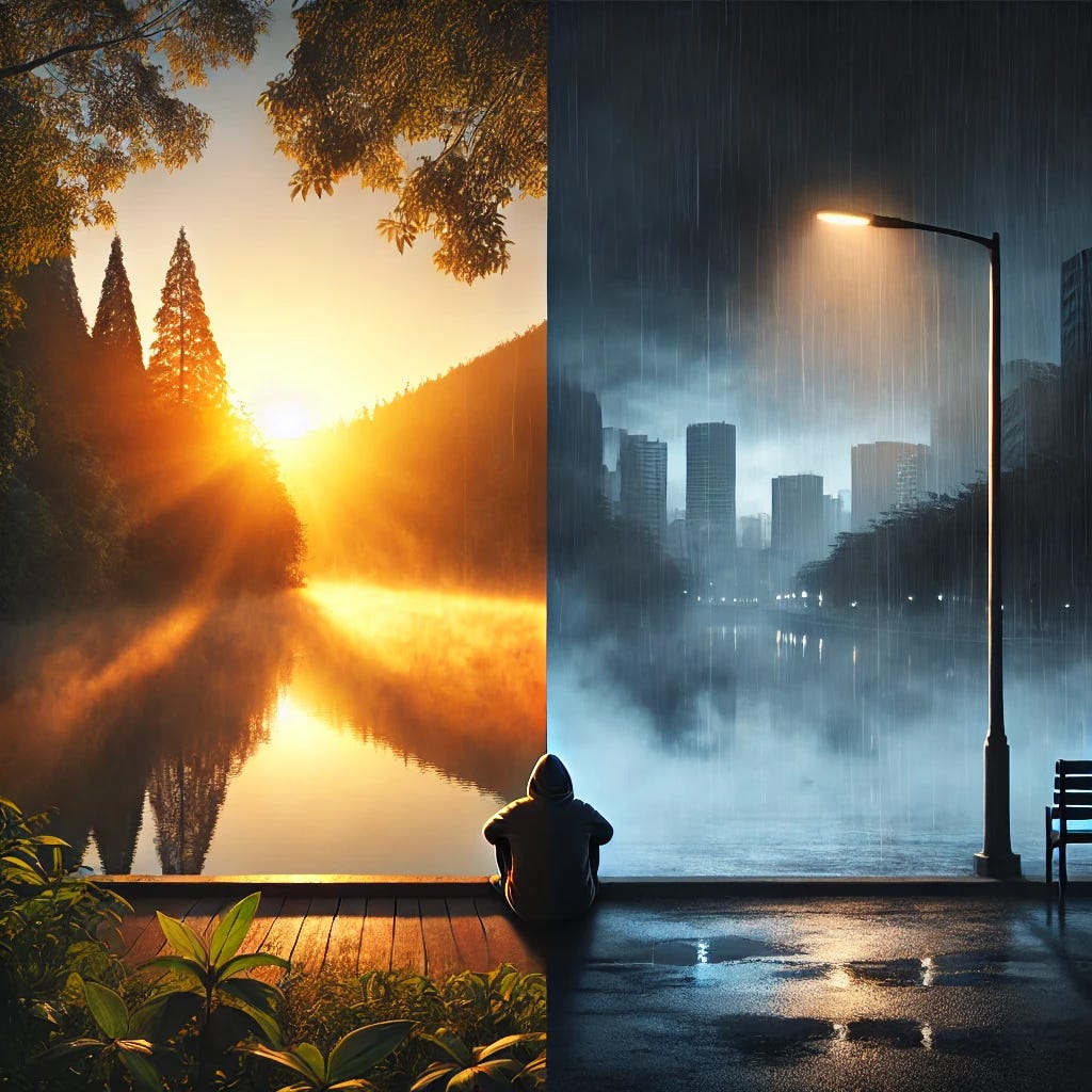 A split image with a distinct line dividing two contrasting scenes. On the left side, make it more serene and bright, showing a peaceful natural setting representing solitude: a person sitting by a calm lake surrounded by lush, misty trees, bathed in radiant golden morning light that reflects off the water, evoking deep tranquility and inner peace. The sky is clear and the atmosphere calm. On the right side, make it sadder and lonelier, a cold, desolate urban scene: a single figure stands under a dim streetlamp at night, shadows stretching on wet pavement, surrounded by tall, dark, imposing buildings with empty windows, under an overcast, gloomy sky. The atmosphere feels cold, isolated, and emotionally empty.