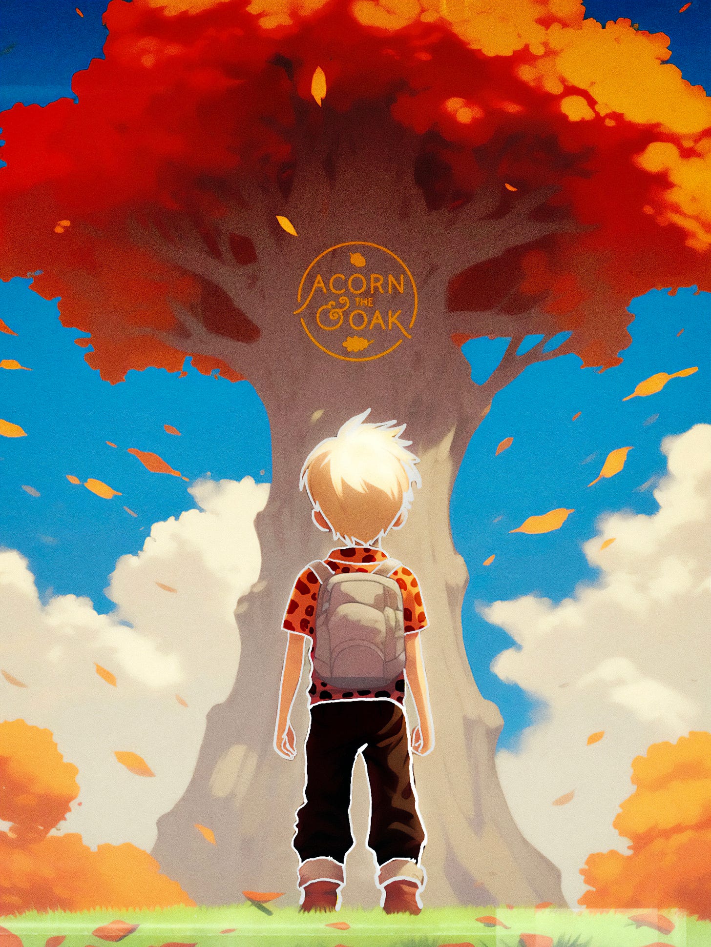 this is an illustration by Ry Luikens of a young blonde boy looking at a large Acorn tree in the pacific north west, symbolizing Acorn & The Oak in Camas Washington. 