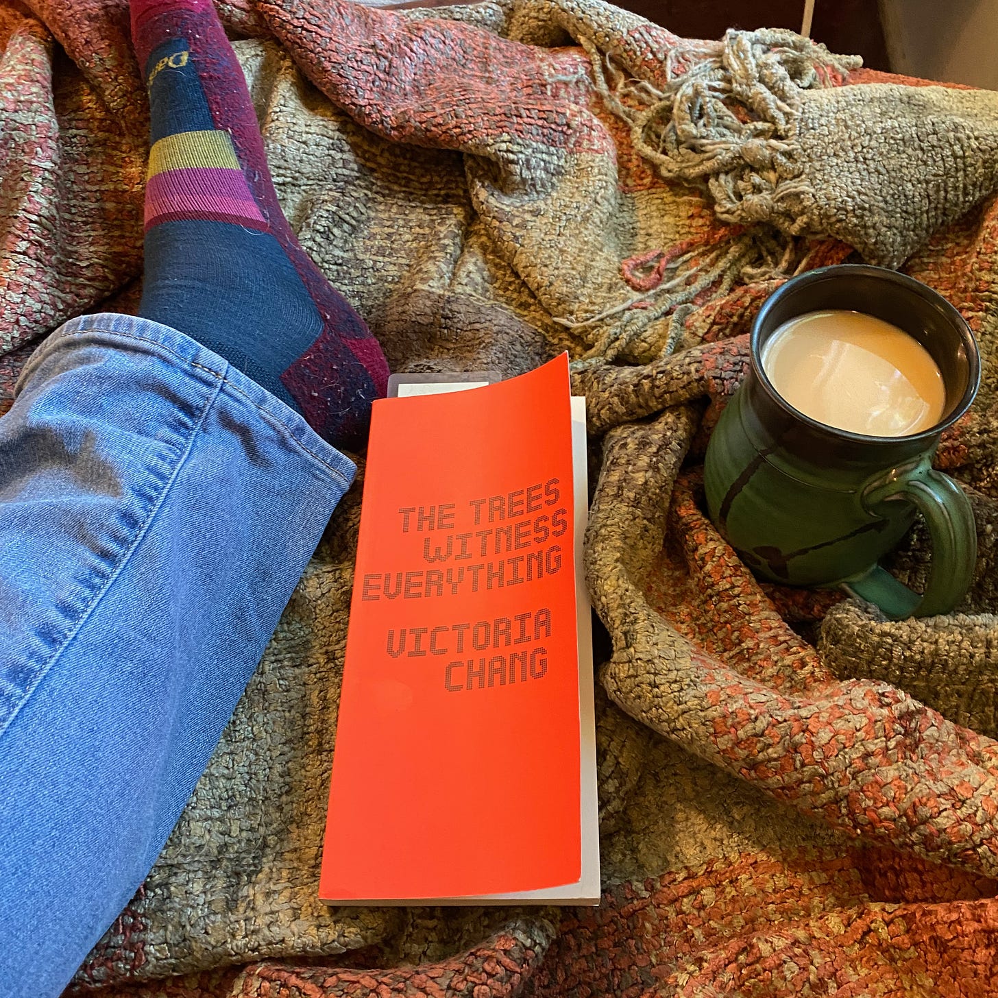 One of my legs is stretched out on a blanket next to a mug of tea and The Trees Witness Everything by Victoria Chang. I’m wearing jeans and socks.