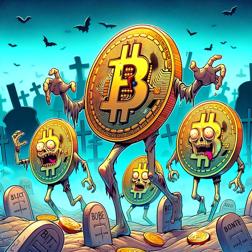 A satirical illustration of lost Bitcoin, showing Bitcoins with zombie-like features wandering in a digital graveyard. These Bitcoins should have a humorous zombie appearance, with exaggerated cartoonish expressions, symbolically 'roaming' among digital tombstones and eerie digital fog. The setting is a comical and surreal digital world, reflecting the whimsical concept of lost Bitcoins as aimless, undead entities in the cryptocurrency landscape.