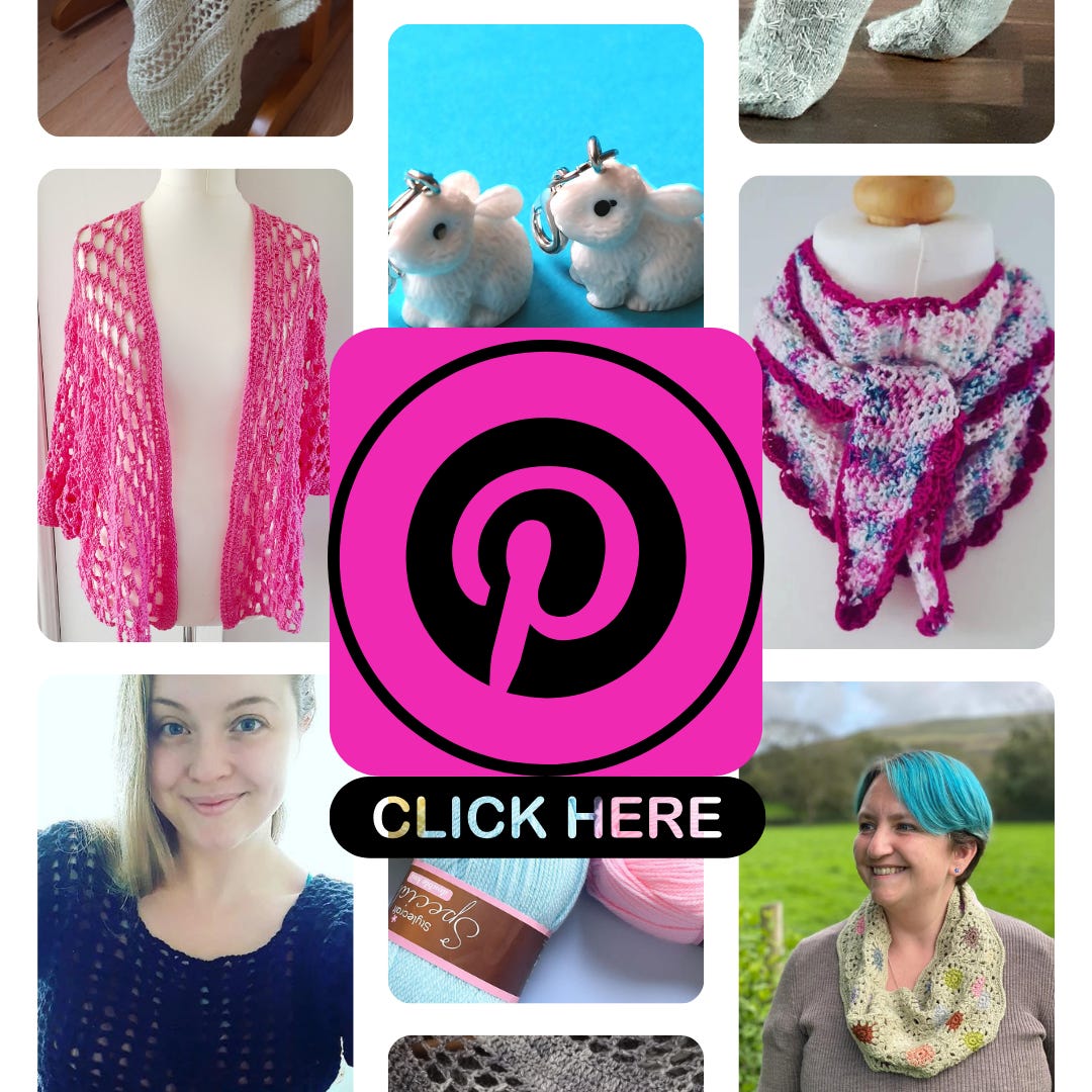 Pinterest collage including several of my knitting and crochet patterns. 