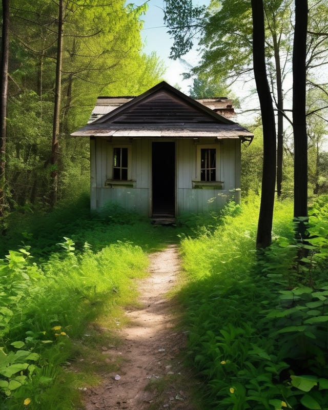 White, run-down, abandoned shack at the end of a trail in the middle of a lush, green forest.