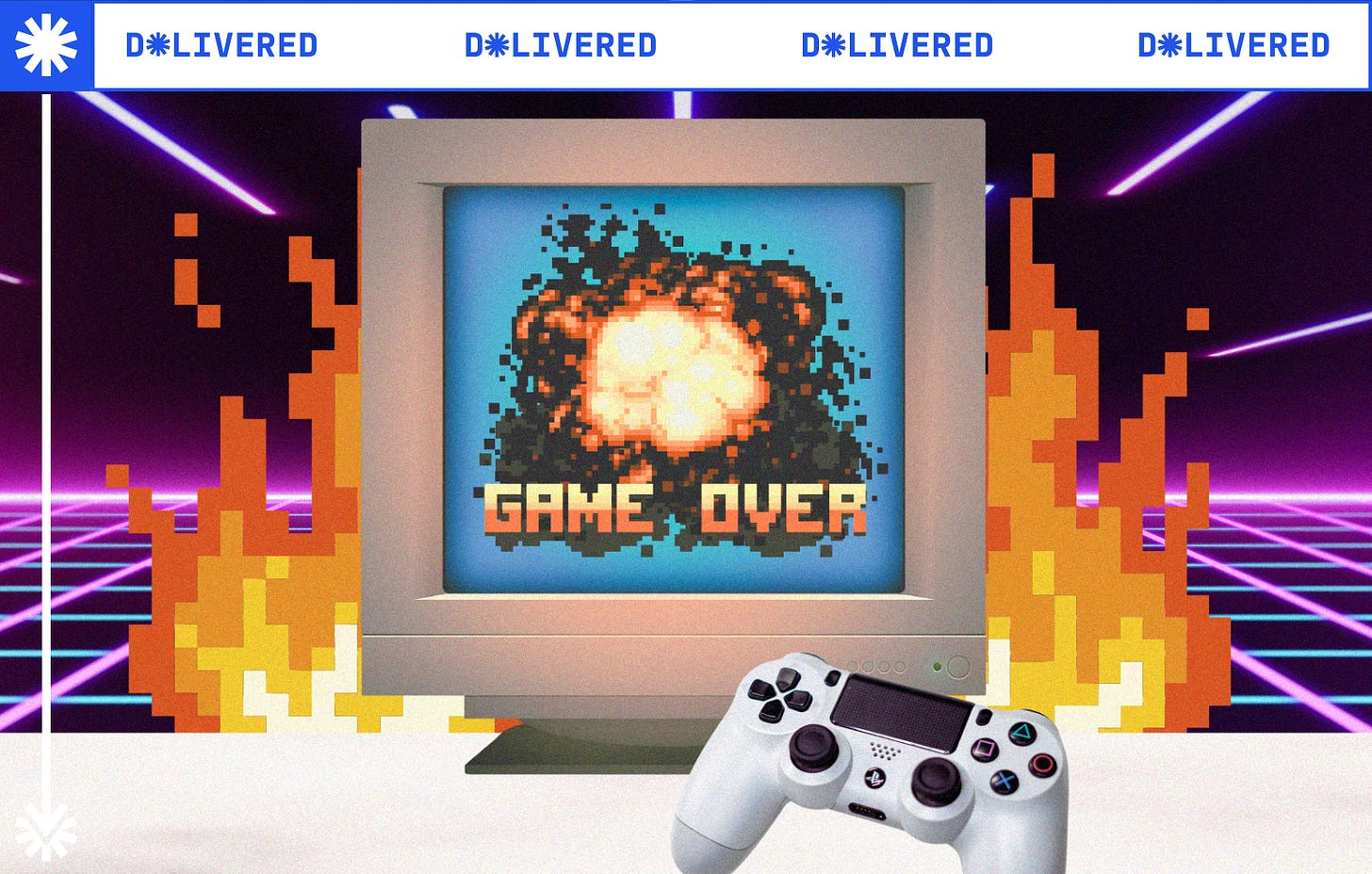 An old school-style video game reads 'Game over' on a screen with explosions in the back, and a Playstation controller in the foreground.