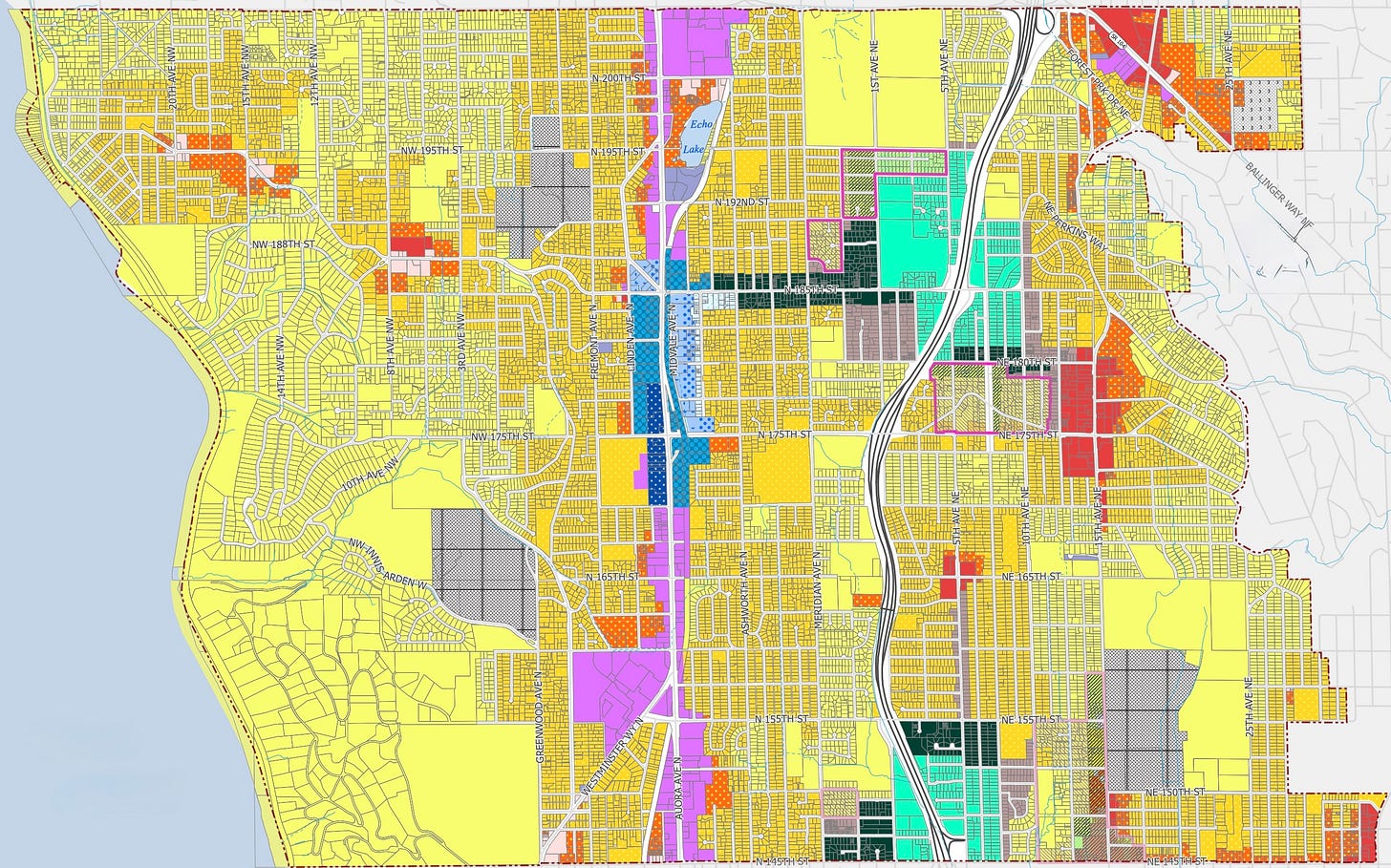 Shoreline’s new zoning map uses a spectrum of colors, polka-dots and cross-hatches to represent the 21 different zones a map