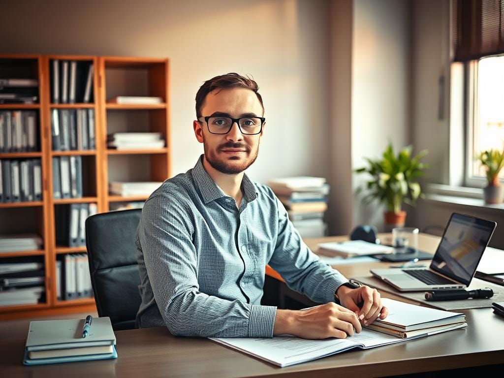 Man with glasses sits at a desk in an office, documents spread out in front of him, and a computer to the right